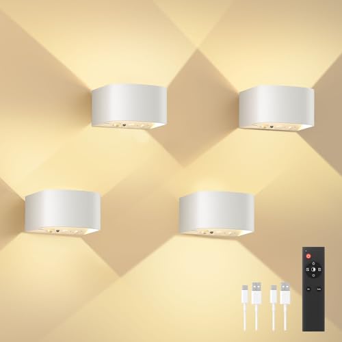 FULEN Akku Wandlampe Innen mit Bewegungssensor,Fernbedienung 3 Farben Wandlicht Up Down Innen LED Wandleuchte 3 Modi Wiederaufladbare Batteriebetriebene Wandlampen Helligkeit Einstellbar,Weiß 4 Stück von FULEN