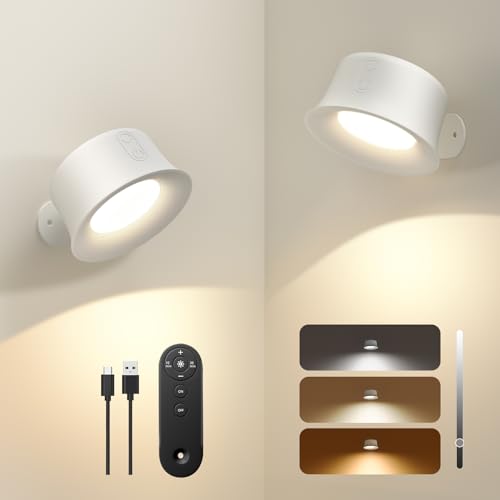 FULEN LED Wandleuchte Innen 2 Stück, 3 Farbmodi Nachttischlampe, 360° Drehbare Touch Control Wandlampen, Wandlampe für Wohnzimmer Schlafzimmer Flur Kabellose Wandleuchten, Weiß von FULEN