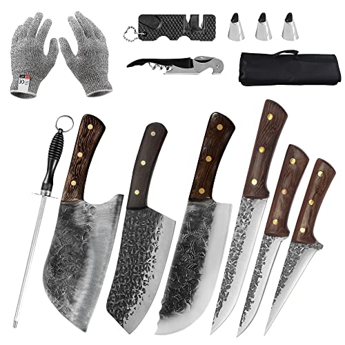 12pcs Metzgermesser Set Hand geschmiedetes Kochmesser Boning Messer mit Hülle High Carbon Stahl Schnitzen Messer Fisch Messer Chef Messer für Küche, Camping, BBQ von FULLHI