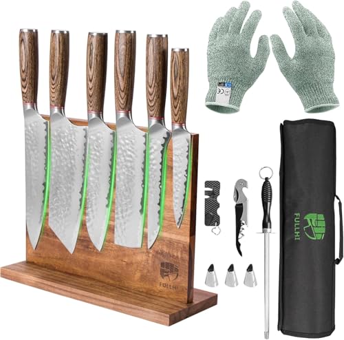 FULLHI 13teiliges Metzgermesserset, japanisches Messerset, Edelstahl-Küchenmesserset mit Messerrolltasche und magnetischem Messerblock-Halter von FULLHI