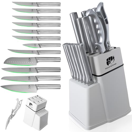 FULLHI 14teiliges Messerblock-Set, spülmaschinenfestes Küchenmesser-Set mit eingebautem Schärfer, Edelstahl-Kochmesserset mit Messerhalter Küchenschere von FULLHI