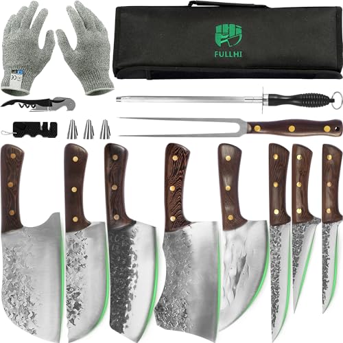 FULLHI 17pcs tragbare Metzger-Messer-Set mit Carving Fleisch Gabel Küchenmesser-Set mit Tasche High Carbon Steel Kochmesser Fischmesser für Küche, Camping, BBQ (15 Stück) von FULLHI