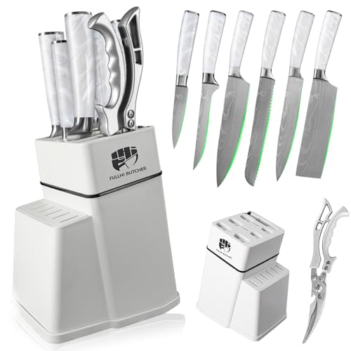 FULLHI 8er Block Messerset, Kochmesser Set mit Block und Schärfer, Küchenmesser Set, Mehrfarbiger Griff, Geschenke für Männer Frauen (Weißes Harz) von FULLHI