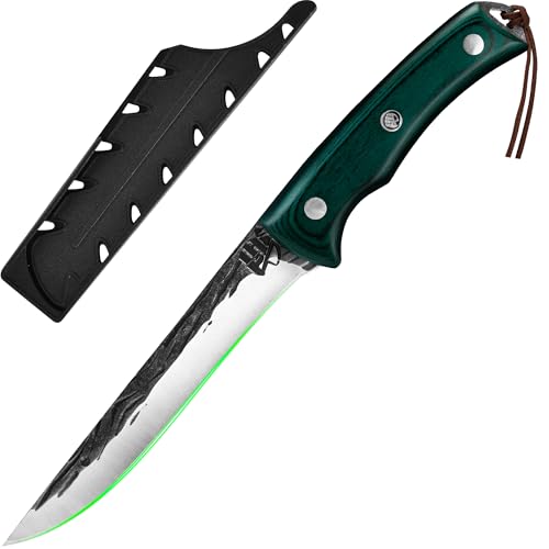 FULLHI Ausbeinmesser, Multi-Farben Griff Full Tang Küchenmesser, High Carbon Steel Carving Fishing Deboning Messer für Outdoor Camping BBQ, Weihnachtsgeschenke für Frauen Männer (Grün, 6.1") von FULLHI