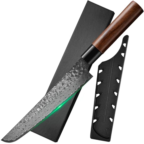 FULLHI Damaszener Stahl Japanisches Messer mit Scheide, geschmiedete gehämmerte Klinge Holzgriff Gyutou Filetier Kochmesser Küchenmesser mit Box für Kochen, Camping BBQ (20,6cm Filetiermesser) von FULLHI
