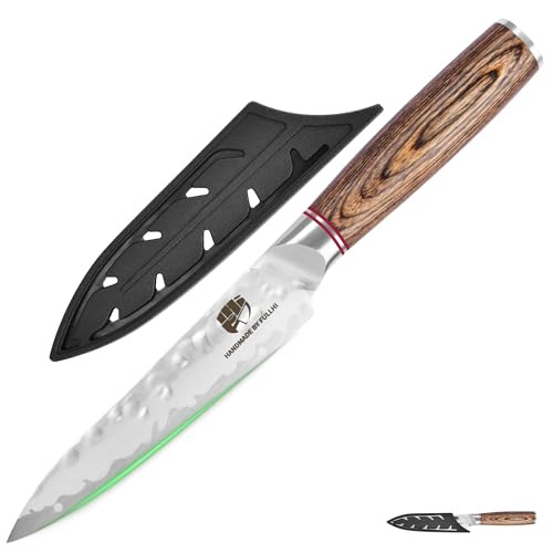 FULLHI Hammered Blade Küchenmesser mit Schutz, Antihaft-Kochmesser, Pakka Wood Handle Japanese Knife, Premium Edelstahl Küchenmesser mit Scheide (5.1" Universalmesser) von FULLHI