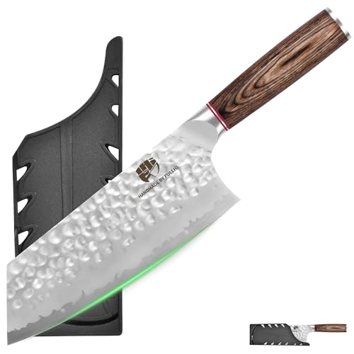 FULLHI Hammered Blade Küchenmesser mit Schutz, Antihaft-Kochmesser, Pakka Wood Handle Japanese Knife, Premium Edelstahl Küchenmesser mit Scheide (7.8" Hackmesser) von FULLHI