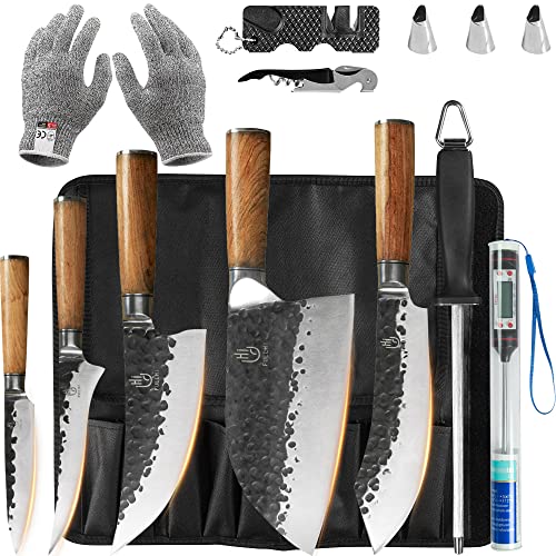 FULLHI Japan Messer Kochmesser Set,Küchenmesser Set mit Messerscheide und Messertasche, High Carbon Edelstahl Kochmesser mit Rosenholzgriff (11) von FULLHI