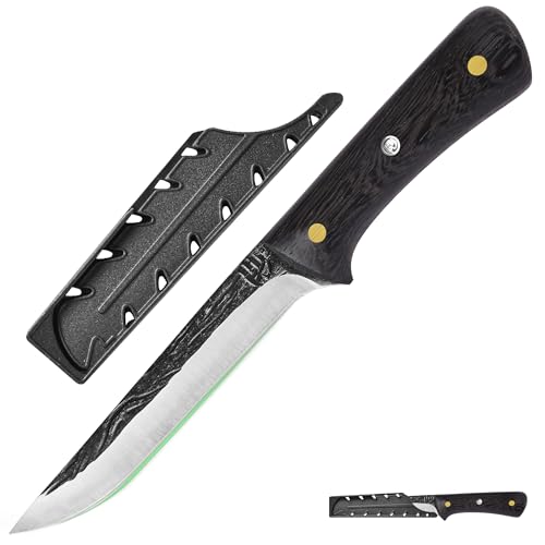 FULLHI Multi-color Holzgriff Full Tang Ausbeinmesser mit Scheide, High Carbon Steel Fishing Meat Slicing Deboning Küchenmesser für Outdoor-Kochen, Camping BBQ (Braun, 5.59") von FULLHI