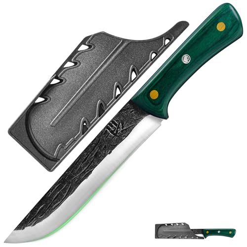 FULLHI Multi-color Holzgriff Full Tang Ausbeinmesser mit Scheide, High Carbon Steel Fishing Meat Slicing Deboning Küchenmesser für Outdoor-Kochen, Camping BBQ (Grün, 7.08") von FULLHI