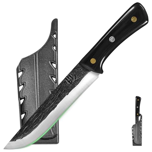 FULLHI Multi-color Holzgriff Full Tang Ausbeinmesser mit Scheide, High Carbon Steel Fishing Meat Slicing Deboning Küchenmesser für Outdoor-Kochen, Camping BBQ (Schwarz, 7.08") von FULLHI