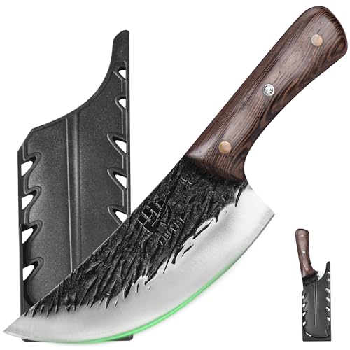 FULLHI Multi-color Holzgriff Full Tang Heavy Meat Cleaver mit Scheide, High Carbon Steel Chef Fleisch Schneiden Küchenmesser für Outdoor-Kochen, Camping BBQ (Braun, 6.85inch) von FULLHI