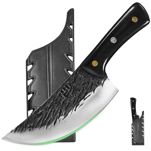 FULLHI Multi-color Holzgriff Full Tang Heavy Meat Cleaver mit Scheide, High Carbon Steel Chef Fleisch Schneiden Küchenmesser für Outdoor-Kochen, Camping BBQ (Schwarz, 6.85inch) von FULLHI