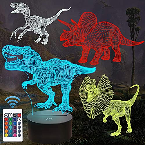 FULLOSUN Dinosauriergeschenke, T-Rex Dinosaurier 3D Nachtlicht für Kinder (4 Muster) mit Fernbedienung & 16 Farbwechsel & dimmbare Funktion & Geschenkbox für Jungen Mädchen von FULLOSUN