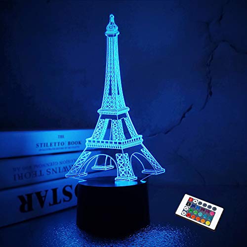 FULLOSUN Eiffelturm Nachtlicht 3D-Illusionslampe Visuelle Schlafzimmerdekoration LED-Lampe mit Fernbedienung 16 Farbwechsel Geschenke im Pariser Modestil zum Geburtstag von FULLOSUN
