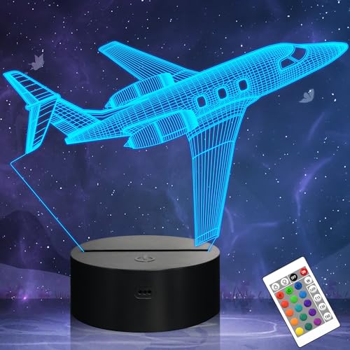 Flugzeug Geschenke für Jungen, Flugzeug Nachtlicht 3D Illusion Lampe, 16 Farben ändern mit Fernbedienung Weihnachten Schreibtischlampen für Mädchen Zimmerdekor Pilot Büro Raumdekoration(Flugzeug) von FULLOSUN