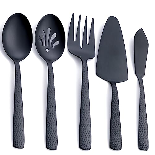 Matt-schwarzes großes Servierbesteck-Set, FULLYWARE Edelstahl großes Hostess-Servierset, inklusive Servierlöffel, geschlitztem Servierlöffel, Serviergabel, Kuchenschaufel und Buttermesser, 5-teilig von FULLYWARE