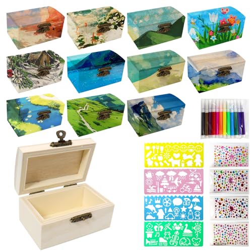 FULUDM Holzkiste Klein Schatztruhe Schatzkiste - 12 Stück Schatztruhe Holz Set Kleine Holzschatulle mit Deckel Diamantaufkleber Bemalen Basteln Dekorieren für DIY Handwerk von FULUDM
