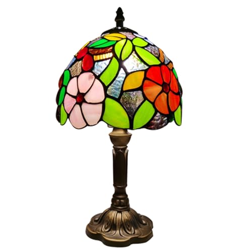 FUMAT Tiffany Tischlampe, Retro Lampe, Kleine Nachttischlampe, Deko Tischleuchte mit Blume und Traube Muster, Bunte Glas Lampenschirm, Mit E27 LED Glühbirne, für Schlafzimmer Wohnzimmer Büro von FUMAT