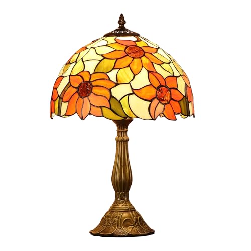 FUMAT Tiffany Tischlampe, Sonnenblumen Design, 30 cm Lampenschirm, 49 cm Höhe, Vintage Glaslampe mit E27 Fassung von FUMAT