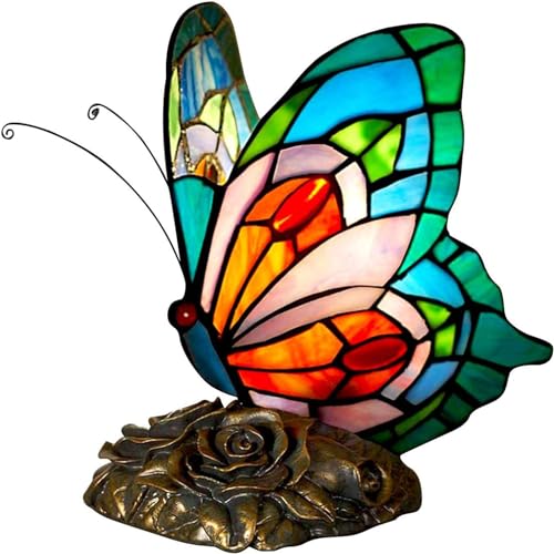 FUMAT Tiffany Tischlampe Nachttischlampe Blau Schmetterling färben Glas Vintage Lampenschirm für Schlafzimmer, Schreibtischlampe für Wohnzimmer Lesen von FUMAT