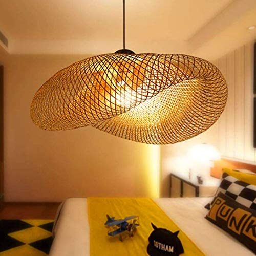 FUMIMID Retro Hängelampe Bambus Pendelleuchte E27 Holz Deckenleuchte Handgewebte Rattan Lampenschirm Runde Kronleuchter Wohnzimmer Schlafzimmer Büro Hängeleuchte Esstischlampe,50cm von FUMIMID