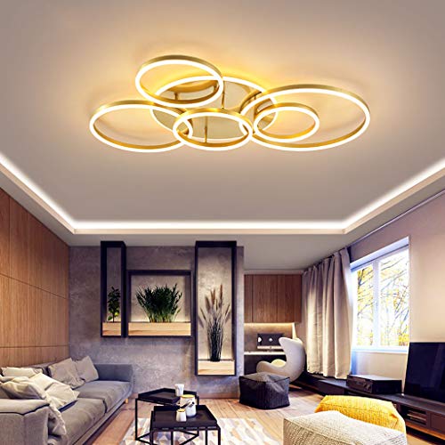 FUMIMID LED Deckenleuchte Moderne Pendelleuchte Kreativer Kronleuchter Mit Fernbedienung Dimmbarer Deckenstrahler Round 6 Circle 86W Schlafzimmer Deckenlampe Acryl Aluminium Wohnzimmer Leuchte,Gold von FUMIMID