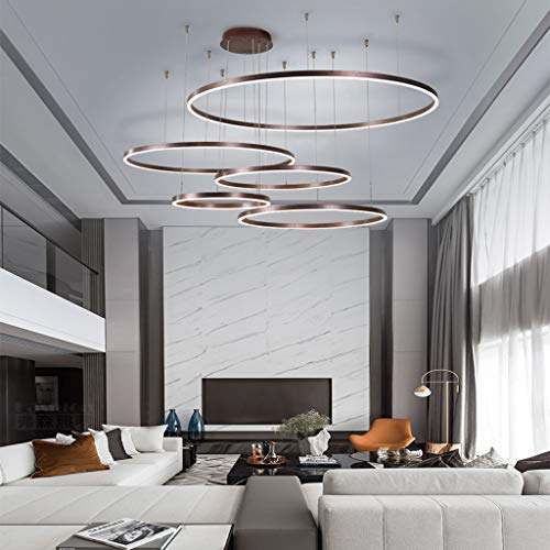 FUMIMID LED Pendellampe Wohnzimmerlampe Pendelleuchte Mit Kronleuchter Moderne Esstischlampe Aluminium Runde Acryl Beleuchtung Deckenleuchte,Braun,5laps20+40+60+80+100cm von FUMIMID