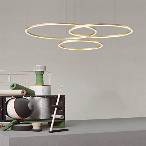 FUMIMID LED Pendellampe Wohnzimmerlampe Pendelleuchte Dimmbar Mit Fernbedienung Kronleuchter Moderne Esstischlampe Aluminium Runde Acryl Beleuchtung Deckenleuchte,Gold,3laps40+60+80cm von FUMIMID