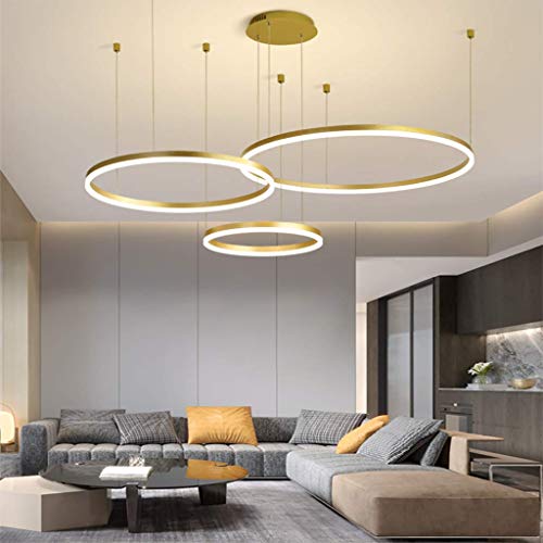 FUMIMID LED Pendellampe Wohnzimmerlampe Pendelleuchte Dimmbar Mit Fernbedienung Kronleuchter Moderne Esstischlampe Aluminium Runde Acryl Beleuchtung Deckenleuchte,Gold,3laps60+80+100cm von FUMIMID