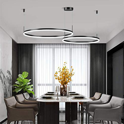 FUMIMID LED Pendellampe Wohnzimmerlampe Pendelleuchte Dimmbar Mit Fernbedienung Kronleuchter Moderne Esstischlampe Aluminium Runde Acryl Beleuchtung Deckenleuchte,Schwarz,2 laps 40+60cm von FUMIMID