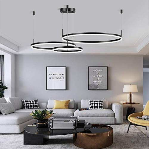 FUMIMID LED Pendellampe Wohnzimmerlampe Pendelleuchte Dimmbar Mit Fernbedienung Kronleuchter Moderne Esstischlampe Aluminium Runde Acryl Beleuchtung Deckenleuchte,Schwarz,3laps30+50+70cm von FUMIMID