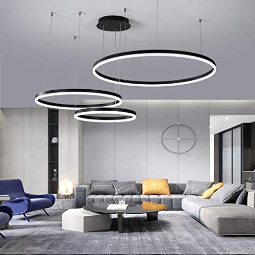 FUMIMID LED Pendellampe Wohnzimmerlampe Pendelleuchte Dimmbar Mit Fernbedienung Kronleuchter Moderne Esstischlampe Aluminium Runde Acryl Beleuchtung Deckenleuchte,Schwarz,3laps60+80+100cm von FUMIMID