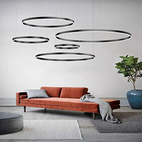 FUMIMID LED Pendellampe Wohnzimmerlampe Pendelleuchte Mit Kronleuchter Moderne Esstischlampe Aluminium Runde Acryl Beleuchtung Deckenleuchte,Schwarz,5laps20+40+60+80+100cm von FUMIMID