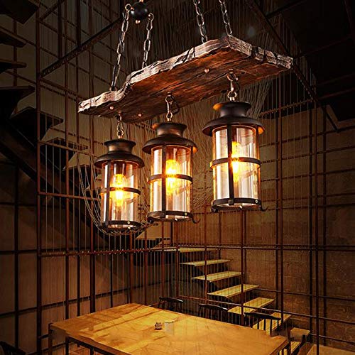 Industrielle Kronleuchter Holz Retro Pendelleuchte 3 Köpfe Vintage Metall Käfig Glas Lampenschirm Rustikale Esszimmer Wohnzimmer Schlafzimmer Küche Hängelampe Loft Bar Dekoration Decken Pendellampe von FUMIMID