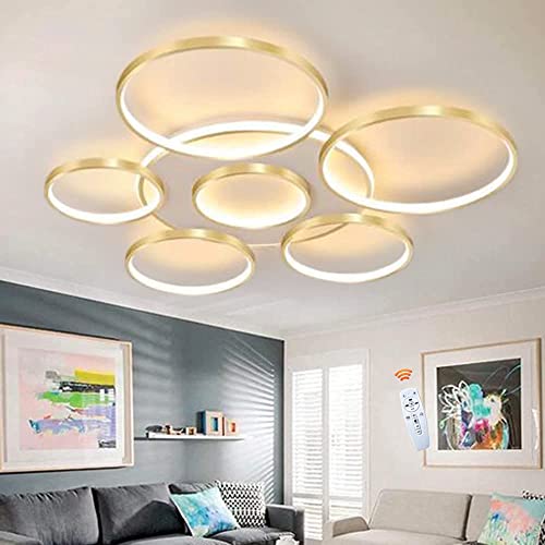 LED Deckenleuchte Dimmbar Wohnzimmerlampe Mit Fernbedienung Modern Runde Deckenlampe 7 Ringe Acryl Schirm Einstellbar Lichtfarbe Helligkeit Schlafzimmer Restaurant Esszimmer Kronleuchter,Gold,110cm von FUMIMID