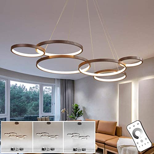 LED Pendelleuchte Moderne Wohnzimmerlampe Dimmbar Mit Fernbedienung Ringe Hängeleuchte Höhenverstellbar Esszimmer Schlafzimmer Büro Kronleuchter Braun von FUMIMID