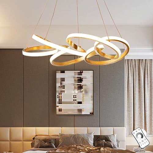 Moderne LED Pendelleuchte Esstisch Innendeckenleuchte 5-Ring Hängelampe Wohnzimmer Pendellampe Schlafzimmer Höhe Verstellbare Hängeleuchte Dimmbare Fernbedienung Kronleuchter Golden Blume Leuchte von FUMIMID