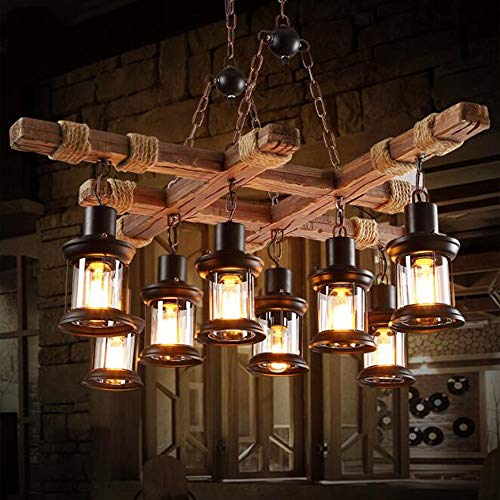 Pendellampe Retro Pendelleuchte Industrial Vintage Hängeleuchte Glas Holz Deckenleuchte 8 Lichter Loft Bar Esszimmer Landhaus Kronleuchter Antik Dekorativer Hängelamp Wohnzimmer Steampunk-Stil von FUMIMID