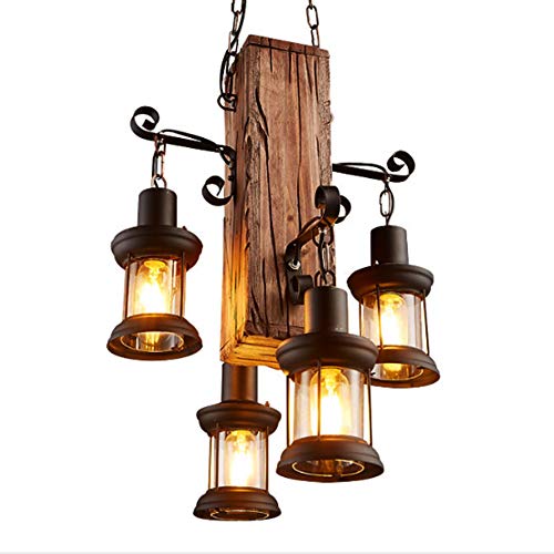 Rustikale Pendelleuchte Vintage Bar Hängeleuchte Retro Persönlichkeit Wohnzimmer Holz Metall Pendellampe E27 Höhenverstellbar Industrial Hängelampe Esszimmer Deckenlampe Wohnzimmer Kronleuchter,4*E27 von FUMIMID