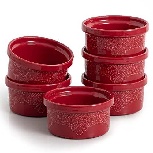 FE Keramik Auflaufförmchen Souffle Schalen Spitze Prägung Creme Brulee Schalen 240 ml für Soufflé, Cupcakes und Pudding, 6er Set Rot von FUN ELEMENTS