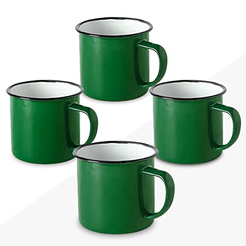 FUN FAN LINE | Set aus Emaille-Bechern 350 ml Kaffee/Tee/Heiß-/Kaltgetränke Retro/Vintage-Design, Camping Picknick oder Reisebecher Leicht, tragbar und wiederverwendbar (4er-Set, Grün) von FUN FAN LINE