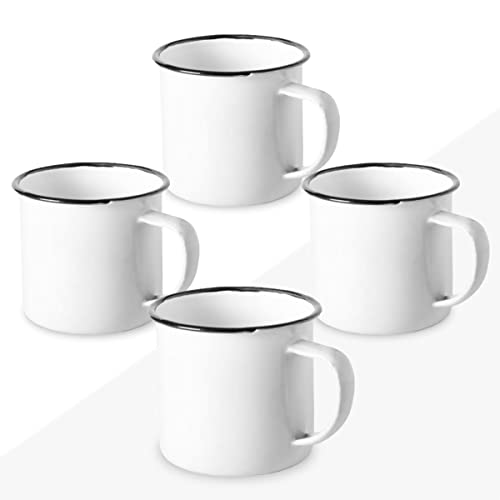 FUN FAN LINE | Set aus Emaille-Bechern 350 ml Kaffee/Tee/Heiß-/Kaltgetränke Retro/Vintage-Design, Camping Picknick oder Reisebecher Leicht, tragbar und wiederverwendbar (4er-Set, Weiss) von FUN FAN LINE