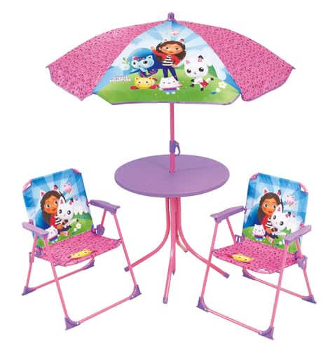 FUN HOUSE 713602 Gabby und das magische Gartenmöbel-Set für Kinder mit einem Tisch 46 x 46 cm, Zwei Stühlen B x T: 53 x 38,5 x 37,5 cm und einem Sonnenschirm H 125 x Ø 100 cm, Rosa von Fun House