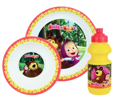 Masha und Michka Geschirrset für Kinder, mit Schüssel Ø 16 cm, Trinknapf 350 ml und Teller Ø 22 cm von Fun House