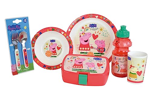 Peppa Pig Kindergeschirr-Set mit Glas 220 ml, tiefer Teller Ø 16 cm, Teller Ø 22 cm, Besteck H 13,5 cm, Trinknapf 350 ml und Snackdose von Fun House