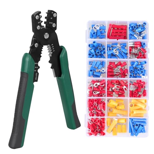 FUNANASUN Crimpzange Kabelschuhe Set, Kabelschuhzange Crimpzange für 0.08-6mm², Drei-in-Eins-Multifunktion Crimping Pliers, Isolierte Kabelschuhe Set mit 300 Stück Kabelschuhen, Krimpzange (AWG 28-10) von FUNANASUN