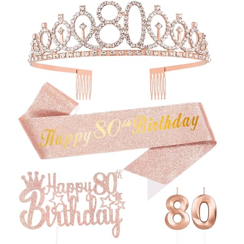 Rose Gold 80. Geburtstag Mädchen Deko, Geburtstag Krone und Schärpe, Happy Birthday Tortendeko,Kerze Geburtstag,Geburtstagsdeko Mädchen und Damen 80 Party Dekoration von FUNCANDLE