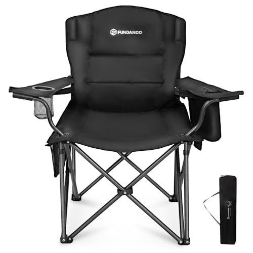 FUNDANGO Lendenwirbelstütze, Campingstuhl für Erwachsene, strapazierfähig, 204 kg Unterstützung, übergroßer Klappstuhl mit gepolstertem Kissen, Kühltaschen für Angeln, Hinterhof, Sport, Strand, Garten von FUNDANGO