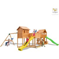 Fungoo - Spielturm 'Maxi Set Play Box My Side Fortress Toybox Rainbow Move+' teak mit 2x Rutschen, 2x Spieltürmen, Verbindungsbrücke, Trapez, Leiter, von FUNGOO